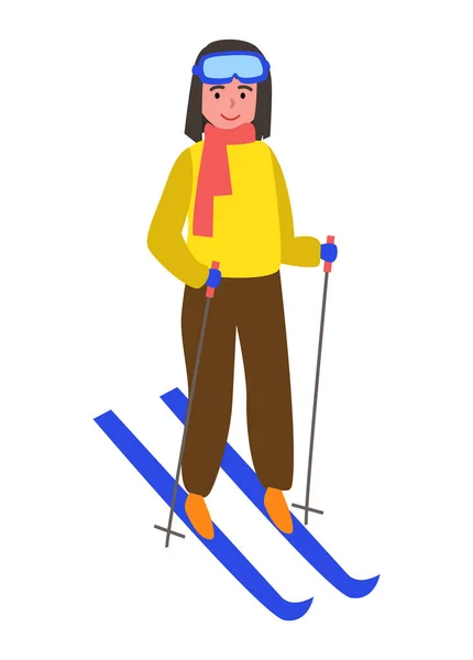 Лыжная Девушка Снежном Холме Улыбающийся Ребенок Синих Лыжах Вектор Зимних — стоковый вектор