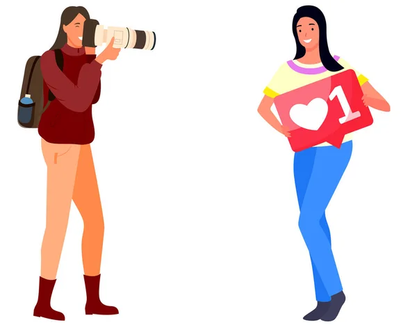 Έξυπνη Επαγγελματίας Φωτογράφος Γυναικών Απολαύστε Λήψη Εικόνων Εικονογράφηση Διάνυσμα Pretty — Διανυσματικό Αρχείο