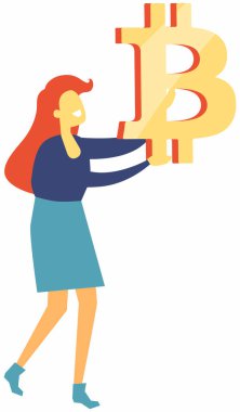 Beyaz ellerde izole edilmiş bitcoin işareti tutan kadın. Yenilikçi ödeme ağı ve yeni tür para. Kripto para birimi ve kız finansal sembol sahibiyle birlikte blok zinciri bileşimi. Madencilik bitcoinleri