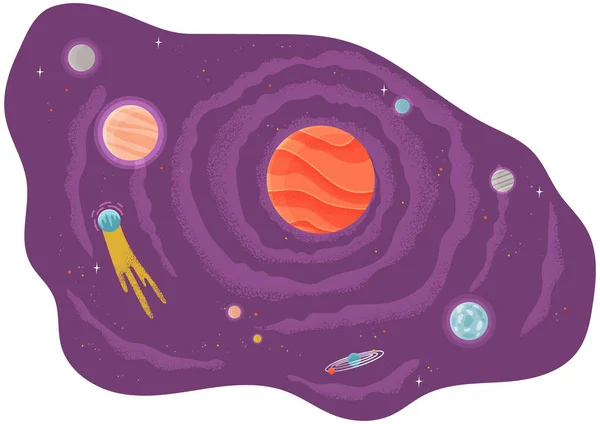 Desenhos Animados Planeta Fantástico Vermelho Fundo Espaço Lilás Com Meteoritos — Vetor de Stock