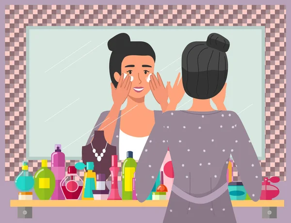 Yüzünü Temizlemek Için Kozmetik Temizleme Jeli Kullanan Bir Kadın Kız — Stok Vektör