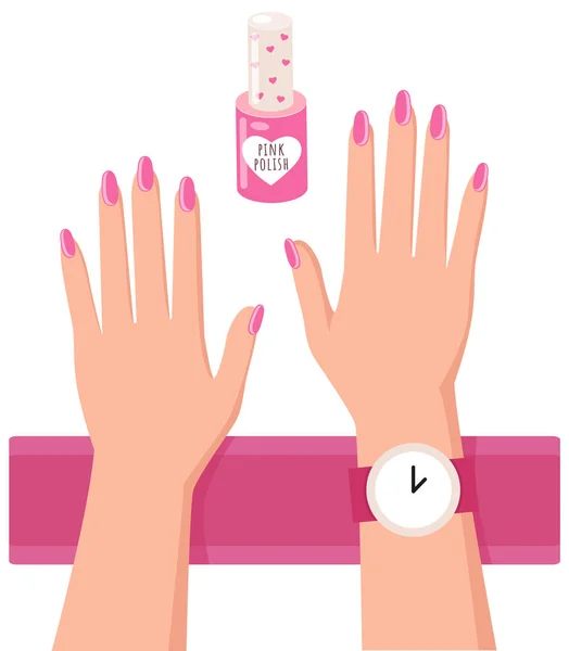 ピンクのネイルポリッシュと白に塗装爪 ニスマニキュアサロンアクセサリーと女性の手 心のキャップ付きのネイルローズポリッシュボトル 漆でかわいいコンテナ 手のケアと美しさ — ストックベクタ
