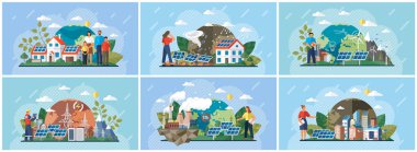 Alternatif enerji kaynakları pil enerji depolama ağı ev ofis binaları, güneş paneli fabrikası, rüzgar ve li-ion elektriği ile. Yeşil enerji çevre dostu geleneksel ve modern ev