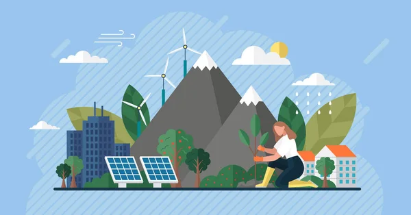 清洁能源 可再生能源 可再生能源 来自可再生能源的清洁电能太阳风 循环利用 发电厂大楼 配有太阳能电池板和风力涡轮机 绿色城市 拯救地球 — 图库矢量图片