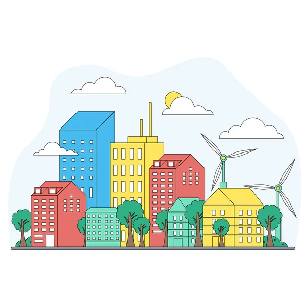Energía Limpia Fuente Alternativa Ecológica Gran Ciudad Moderna Ciudad Fuentes — Vector de stock
