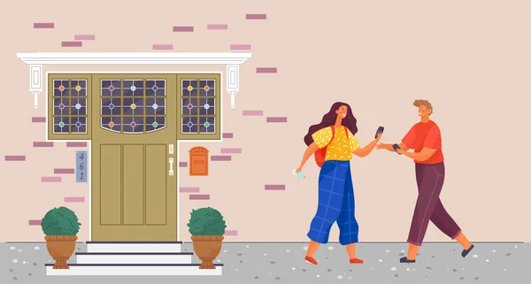 Homme Femme Parlant Debout Mur Bâtiment Couple Maison Avec Vue — Image vectorielle