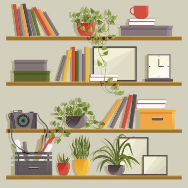 Book shelves with colorful objects. Cartoon design style bookshelves with different potted plants boxes and books. Home library on wall. Hanging shelf with decorations. Office or home furniture