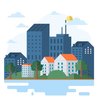 Doğa ve mimariyle manzara. Nehir kıyısında evleri ve yeşillikleri olan bir şehir caddesi. Konut binası ve yeşil alanları olan bir bölge. Şehirde farklı yüksekliklere sahip çok katlı binalar.