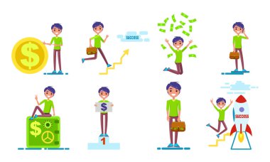 Başarılı iş adamı sevinçten havalara uçuyor. Parası olan mutlu bir adam, finansal başarıyı kutlayan şanslı bir insan. İş başarısı kavramı, olumlu geri bildirim, erkek karakter sahibi, heyecanlı çalışan