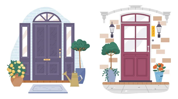 Ensemble Différentes Entrées Maison Porches Portes Modernes Bois Fermées Porte — Image vectorielle