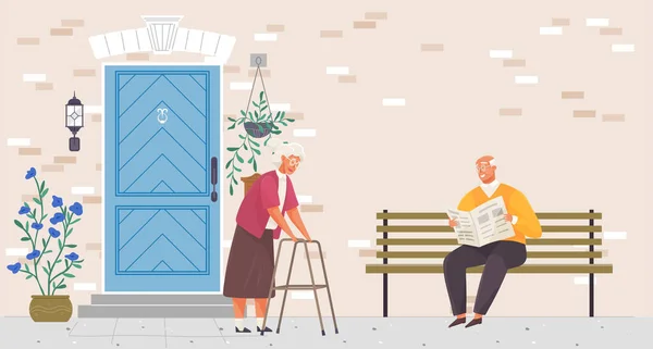 老太太和先生 银发碧眼 在家里走来走去 老夫妇 养老金领取者坐在外面的长椅上 有手杖和手杖的祖父母 关系概念 — 图库矢量图片