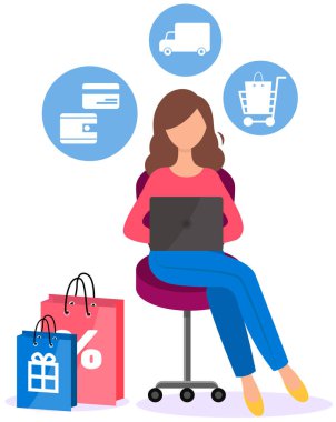 Bilgisayarlı kadın internetten mal sipariş ediyor. Kız internetten hediyeler ve alışverişler alıyor. İnternet sitesinden bir şeyler seçen ve tatile hazırlanan biri. Sembollerin arkaplanındaki kadın karakter