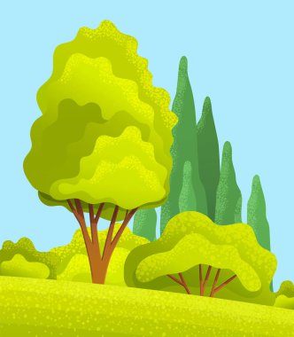 İlkbahar ya da yaz sezonu çizgi film kır manzarası ormanın önündeki yeşil çayır ya da çayır. Güzel kırsal doğa vektör çizimi. Yüksek ağaçlar ve köknar ağaçları, yemyeşil çalılar mavi gökyüzü arka planı