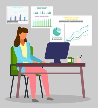 Masada oturan bir kadın bilgisayarla çalışıyor. Grafikler, diyagram, arkaplanda grafikler. Finansal plan, strateji, istatistik. İnternette çalışan iş kadını. Ev ya da ofis için resim, düz stil