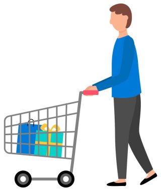 Tatil için güzel hediyeler alan bir adam. Beyaz arka planda izole edilmiş alışveriş arabası olan adam. Erkek karakter renkli hediyeler alıyor düz vektör çizimi. Markette arabası olan bir adam.
