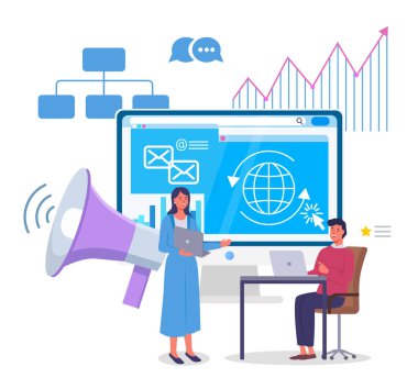 İş adamları müşteri çekmek için reklam projesi yapıyor, özel bir uygulama ile duyuru yapıyorlar. Dizüstü bilgisayarla çalışan megafon adam ve kadın yöneticiler uygulamayla birlikte çalışıyor.