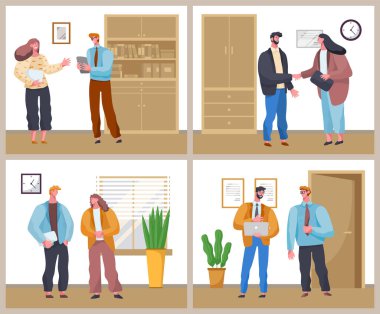 Erkek ve kadın birlikte çalışır, iş arkadaşları, çalışanlar. İş yerindeki iş adamları toplanıyor, ortak danışmanlığı yapıyor, el sıkışıyorlar. Yöneticilerle ofis alanındaki çalışma sorunlarını tartışan dört sahne.