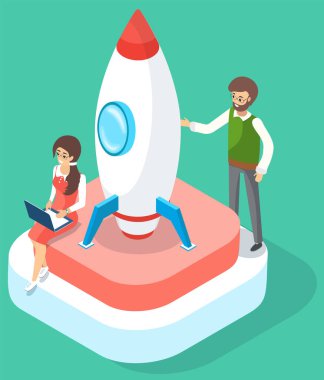 Başlangıç projesi, kadın uzayda roketi kontrol etmek için dizüstü bilgisayar kullanıyor. Yaratıcı yenilik geliştirme, iş başarısı izometrik vektör. Girişimci fırsat stratejisi