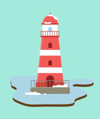 Okyanus manzaralı kırmızı deniz feneri, deniz feneri parkı düz çizimi. Suyu aydınlatmak için büyük projektörlü inşaat. Mavi arka planda deniz navigasyon için arama ışığı kulesi