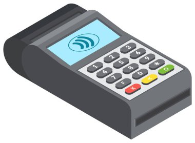 Beyaz arka plan izole edilmiş vektör illüstrasyonunda perakende satış hizmeti için tek ödeme terminali. Banka makina ödeme terminali, kredi kartı ödeme ekipmanları. Nakitsiz ödeme için elektronik aygıt