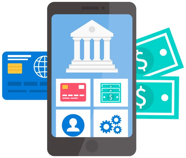 オンライン銀行のためのアプリケーションのレイアウトデザインのイメージとスマートフォンの画面 非接触取引や資金の転送のためのアプリ 銀行券やクレジットカードの背景にある電話 — ストックベクタ