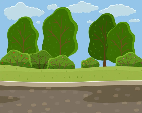 Frühling Oder Sommer Cartoon Landschaft Mit Grünem Feld Hohen Bäumen — Stockvektor