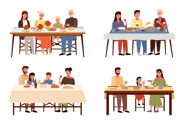 Série Illustrations Sur Thème Des Personnes Ayant Dîner Famille Dans — Image vectorielle