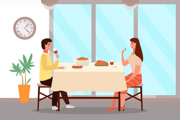 People Lunch Italian Style Couple Date Theme Restaurant Eats Pasta — Stock Vector