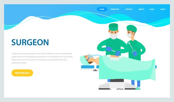 两名外科医生或医生在躺着的病人登陆页面模板上进行外科手术 医疗程序 平面风格的彩色卡通矢量插图 — 图库矢量图片