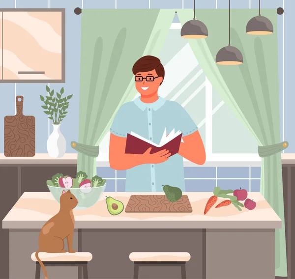 Yemek Tarifi Kitabına Göre Mutfakta Genç Bir Adam Yemek Pişiriyor — Stok Vektör