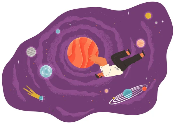 一个人在空间矢量平面飞行 用行星和星图描绘宇宙场景 拥有梦想宇宙的行星的男性角色 人们在紫丁香的天空中飞翔 抽象风格的人 — 图库矢量图片