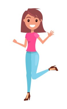 Mutlu kız beyaz arka planda mutlu bir şekilde atlıyor ve gülüyor. Mutluluk ve eğlence kavramı. Gülümseyen genç kadın, sevinç duygusu, neşeli kadın karakteri zıplıyor ve el sallıyor.