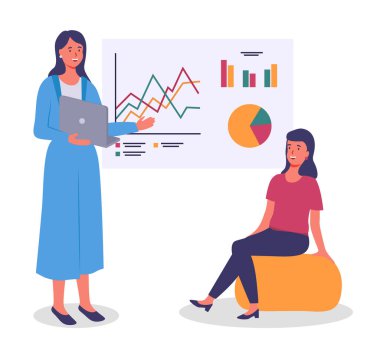 İş kadınlarıyla iş görüşmeleri göstergeleri tartışıyor. Kadın meslektaşına sunum yapıyor. İş adamları iletişimden bahsediyor, grafik ve grafikleri tartışıyor. İş toplantısı konsepti