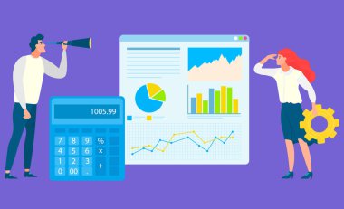 Erkek ve kadın araştırması, işçi sayımı, hesap makinesi ve grafik raporu. Personel eğitimi, takım çalışması stratejisi, büyüme istatistiği, hesaplama vektörü