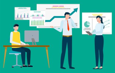 Ofis vektöründeki insanlar, dizüstü bilgisayarı olan kadın ve erkek ve erkek projelerden bilgi alıyorlar. Patron çalışanlarla, çizelgelerle ve analizlerle konuşuyor.