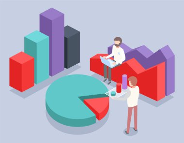 Çizelgede oturan bir adam dizüstü bilgisayar kullanıyor. 3 boyutlu pasta diyagramı, grafikler. İzometrik bilgi grafikleri. Finansal strateji. Görsel sunum. Analiz bilgileri, istatistik. Dijital pazarlama, plan. Grafikli adam