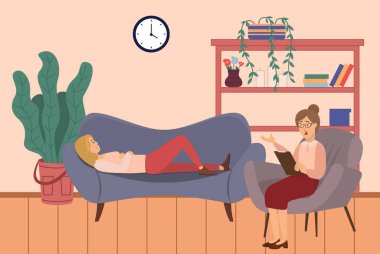 Bir psikoterapistin resepsiyonunda. Bir kadın psikoloğun ofisindeki bir kanepede uzanıyor. Kadın psikiyatrist karşı tarafa oturuyor ve not alıyor. Kişisel sorunları çözmeye ve korkuların üstesinden gelmeye yardım ediyor.
