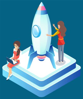 Başlangıç projesi, kadın uzayda roketi kontrol etmek için dizüstü bilgisayar kullanıyor. Yaratıcı yenilik geliştirme, iş başarısı izometrik vektör. Girişimci fırsat stratejisi