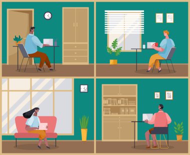 Ofis işyerinde çalışan iş karakterleri düz tasarım. İş arkadaşları, takım çalışması, işbirliği ve tartışma, beyin fırtınası. İş adamları ofis hayatı çizimi, dört sahnenin seti