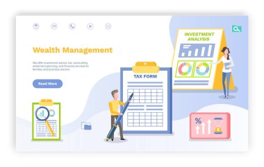 Zenginlik yönetimi vektörü, doldurma verisi olan bir pano, dosya üzerinde bilgisi olan bir erkek, kağıt sayfalarında yatırım planlaması ve istatistik. Web sitesi veya web sayfası şablonu, iniş sayfası düz biçimi