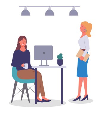 Ofis personeli çalışır ve iletişim kurar. Ofis personeli. Elinde dosyayla duran bir kız, masasında oturan bir kadın, elinde bardak, monoblock. Masa, cihaz, tavan aydınlatma, beyazda izole edilmiş insanlar. Düz resim