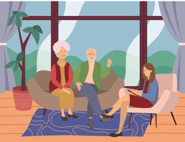 Psikiyatrist konsültasyonu. Psikoloğa giden yaşlı bir çift ve kadın. Zorlu ilişkiler. Aile krizi tedavisi. Bir kadın psikoterapist ile psikoterapi pratiği.