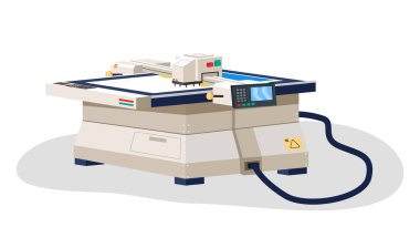 Matbaa poligrafisi endüstrisi izometrik tasarım konsepti ve yazıcı görüntülerinin izole edilmesi. Renk geniş formatlı baskı için profesyonel ekipman beyaza izole edildi