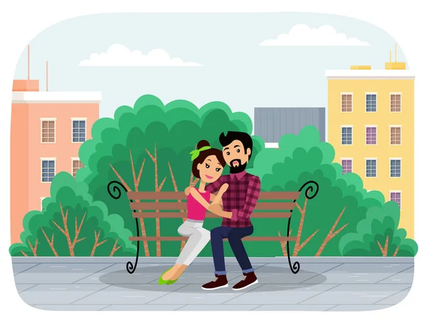Casal Livre Parque Sentado Banco Romance Personagens Desenhos Animados Jovens — Vetor de Stock