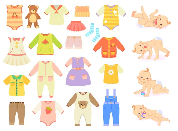 Collection Vectorielle Vêtements Pour Bébés Enfants Pour Garçons Filles Isolés — Image vectorielle
