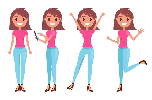 さまざまなポーズの女の子のセット 女性は 手を上げて手を振って 電話を使用して かなりの女性のポーズ 孤立した漫画のキャラクター 幸せな女性の肖像画 ピンクのTシャツとジーンズの女の子 — ストックベクタ