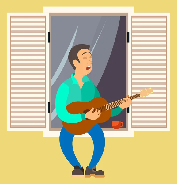 男人正在他房子的阳台上弹奏吉他 音乐家唱着歌 坐在窗台上 男主角在家里做音乐 市民待在家里 日常生活例行公事 业余时间放松 — 图库矢量图片