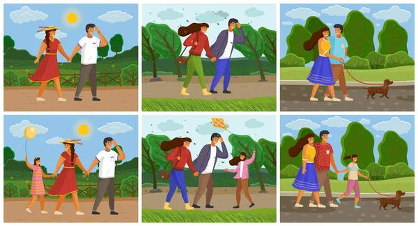 Set of family people images walking in nature. Walking in fresh air with family. Different seasons. Good and bad weather. Spend time with loved ones. Sports and gaming activity. Flat vector image