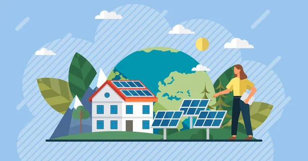 生态友好型电力工业 可持续 可再生能源和替代能源 可再生能源太阳能发电厂 现代替代生态绿色能源 清洁可持续能源 太阳能电池板 — 图库矢量图片