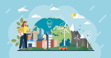 Güneş paneli, alternatif elektrik kaynağı, sürdürülebilir kaynaklar. Modern evde akü depolama sistemi olan ev elektriği. Rüzgar enerjisi. Yeşil enerji. Güneş paneli olan yel değirmenleri evi
